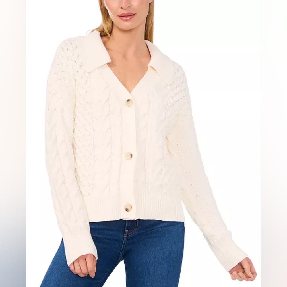 NWOT CeCe Cable Knit Collared Cardigan Creamy White